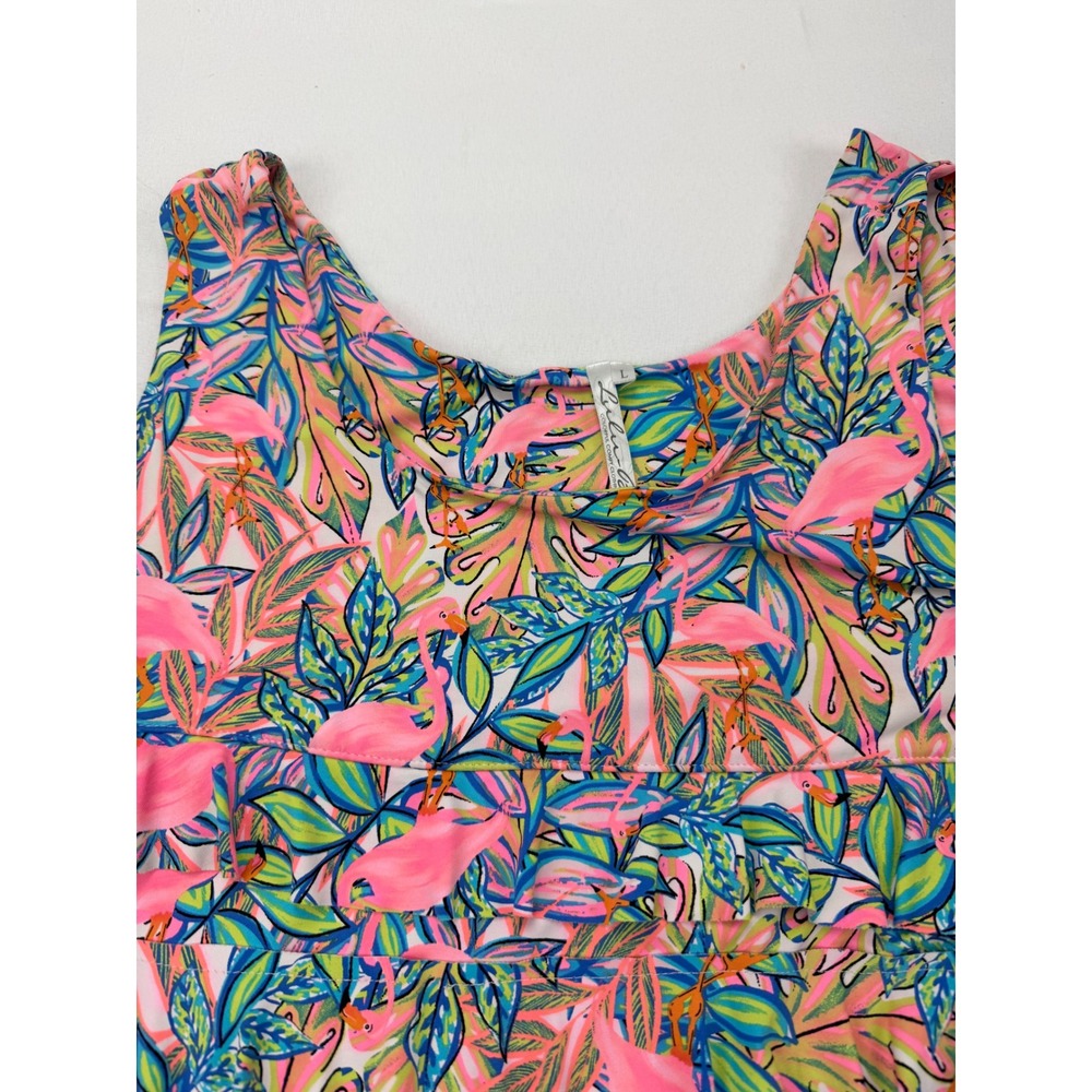 Bulu-Lulu Ruffle Tiered Dress Womens Large Pink Flamingo Tropical Sleeveless - Picture 2 of 12